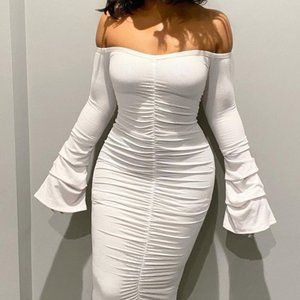 White Ruched Rib Knit Dress